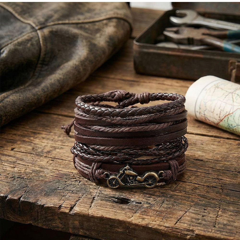 Brown Braided Bike Style Leather Bracelet For Men Pack of 4
