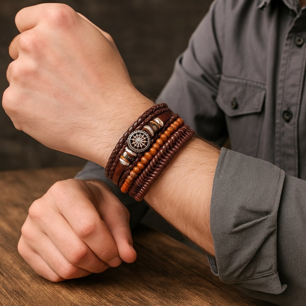Brown Beaded Multi-Layer Leather Bracelet Combo for Men – Pack of 4