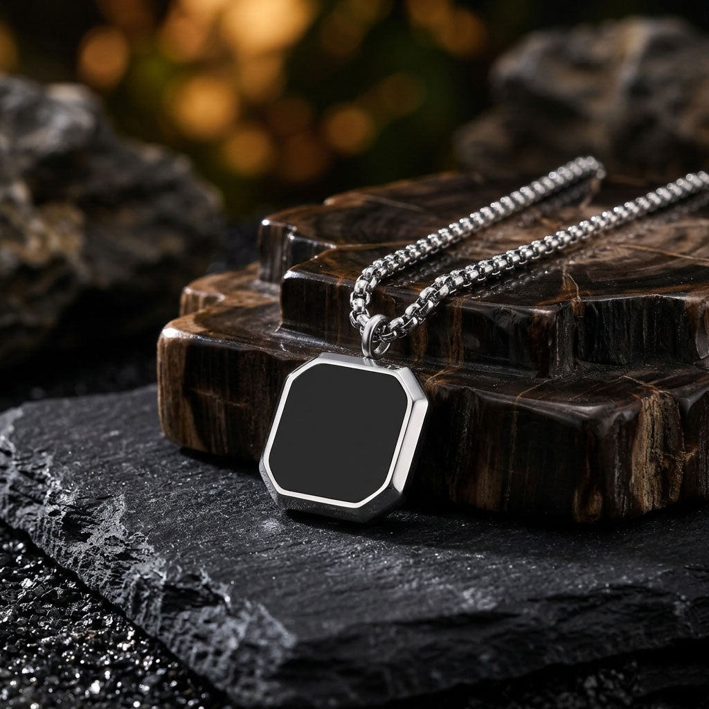 Silver-Plated Black Square Pendant Twist Chain Necklace for Men