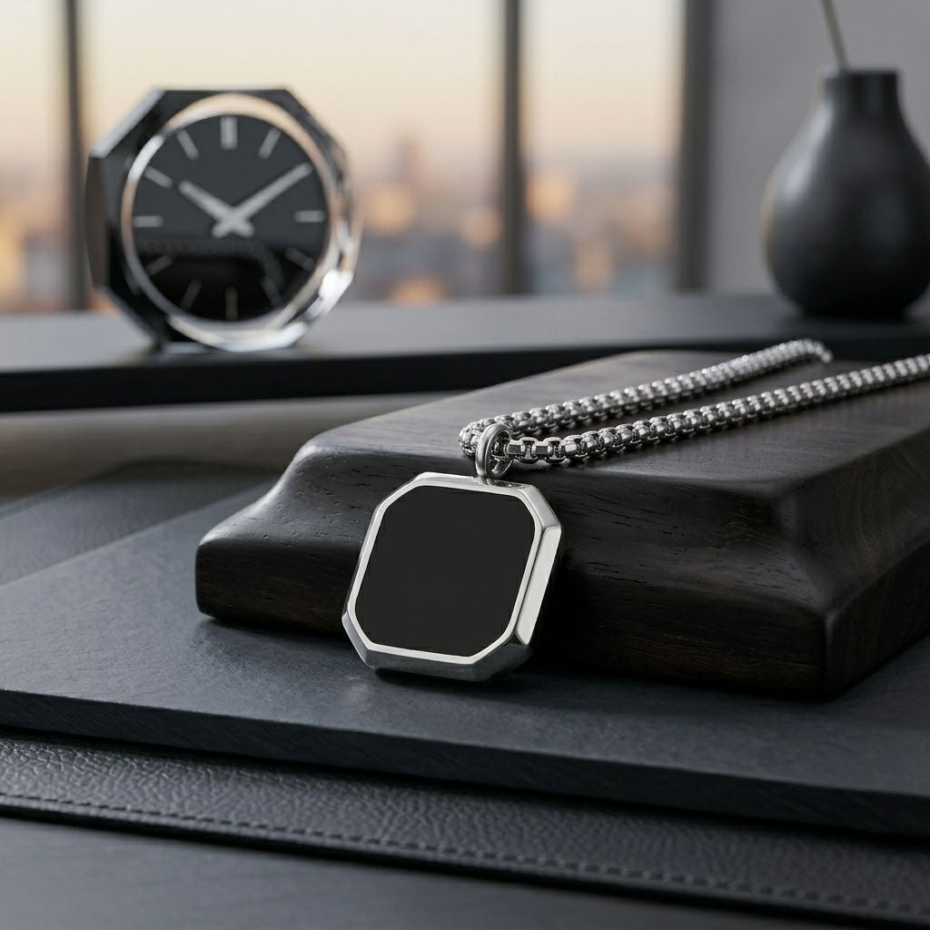 Silver-Plated Black Square Pendant Twist Chain Necklace for Men