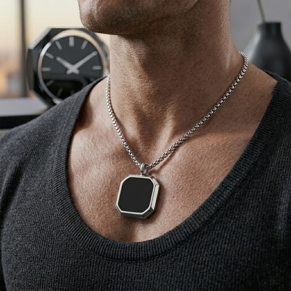 Silver-Plated Black Square Pendant Twist Chain Necklace for Men
