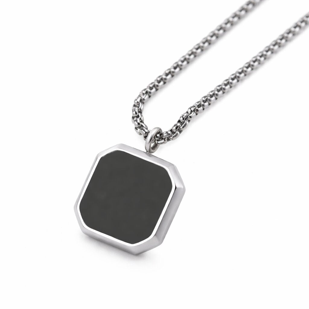Silver-Plated Black Square Pendant Twist Chain Necklace for Men