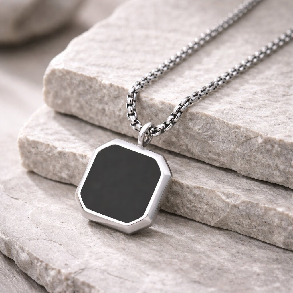 Silver-Plated Black Square Pendant Twist Chain Necklace for Men