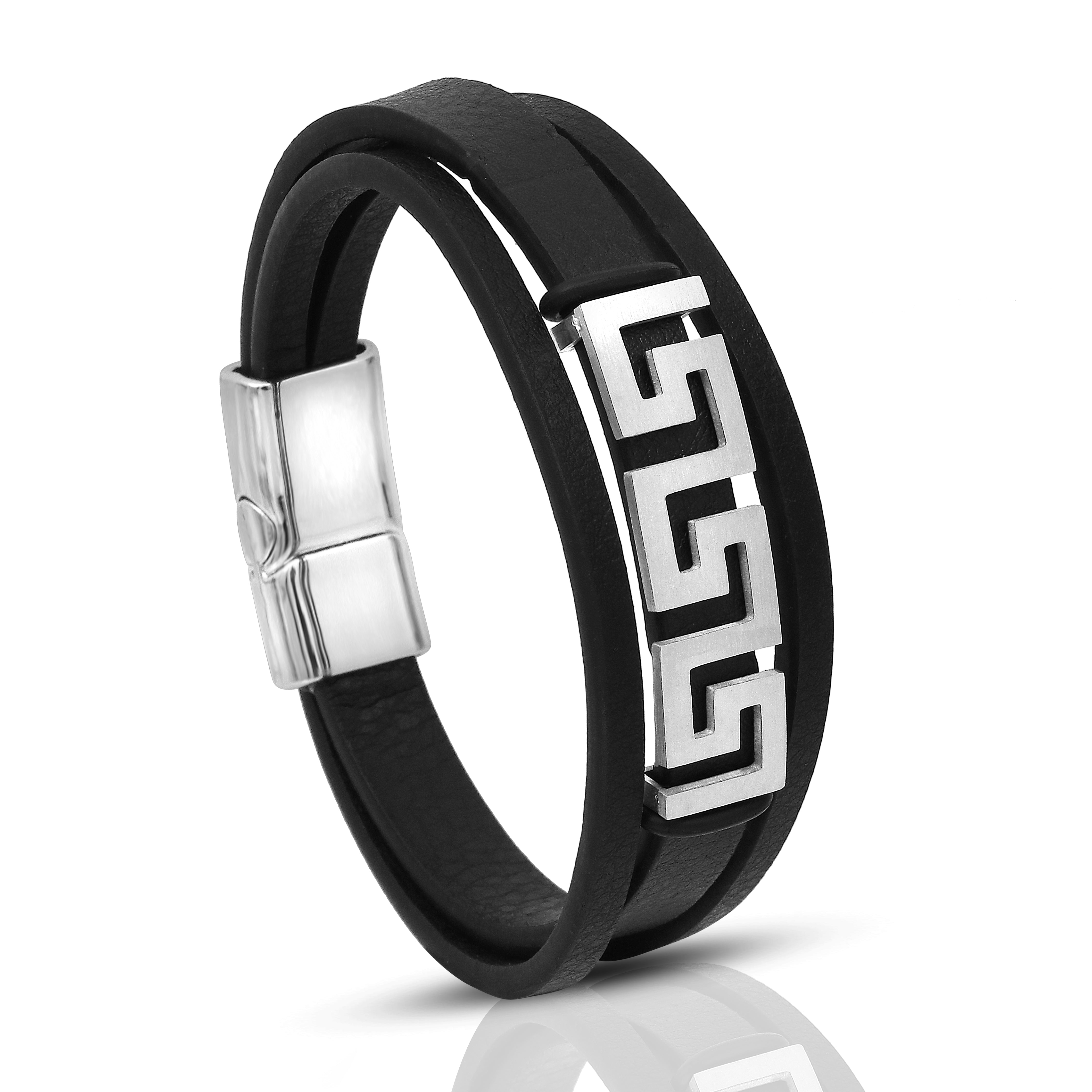Stainless Steel Wall Pattern Leather Bracelet for Men