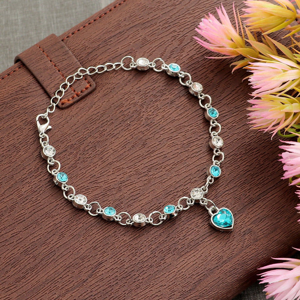 Silver-Plated Blue Crystal Heart Link Chain Bracelet for Women