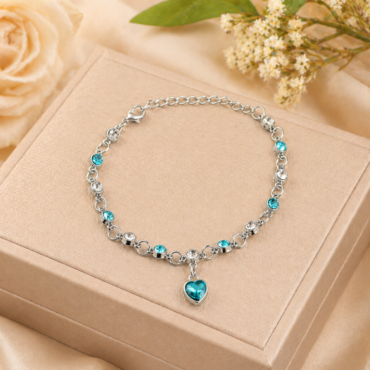 Silver-Plated Blue Crystal Heart Link Chain Bracelet for Women
