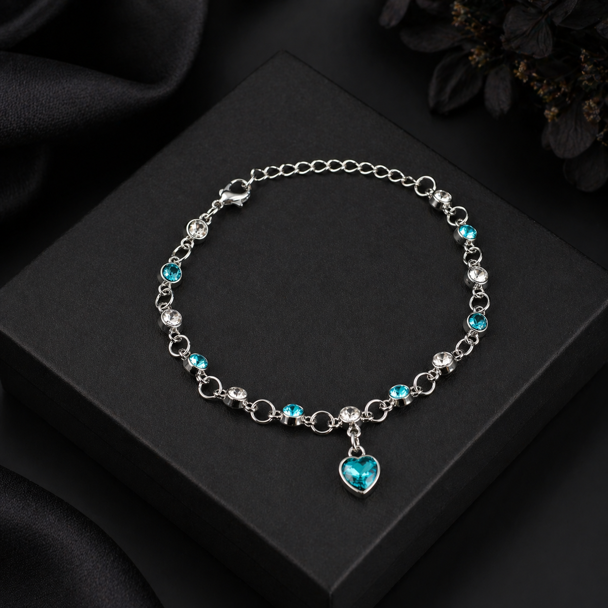 Silver-Plated Blue Crystal Heart Link Chain Bracelet for Women
