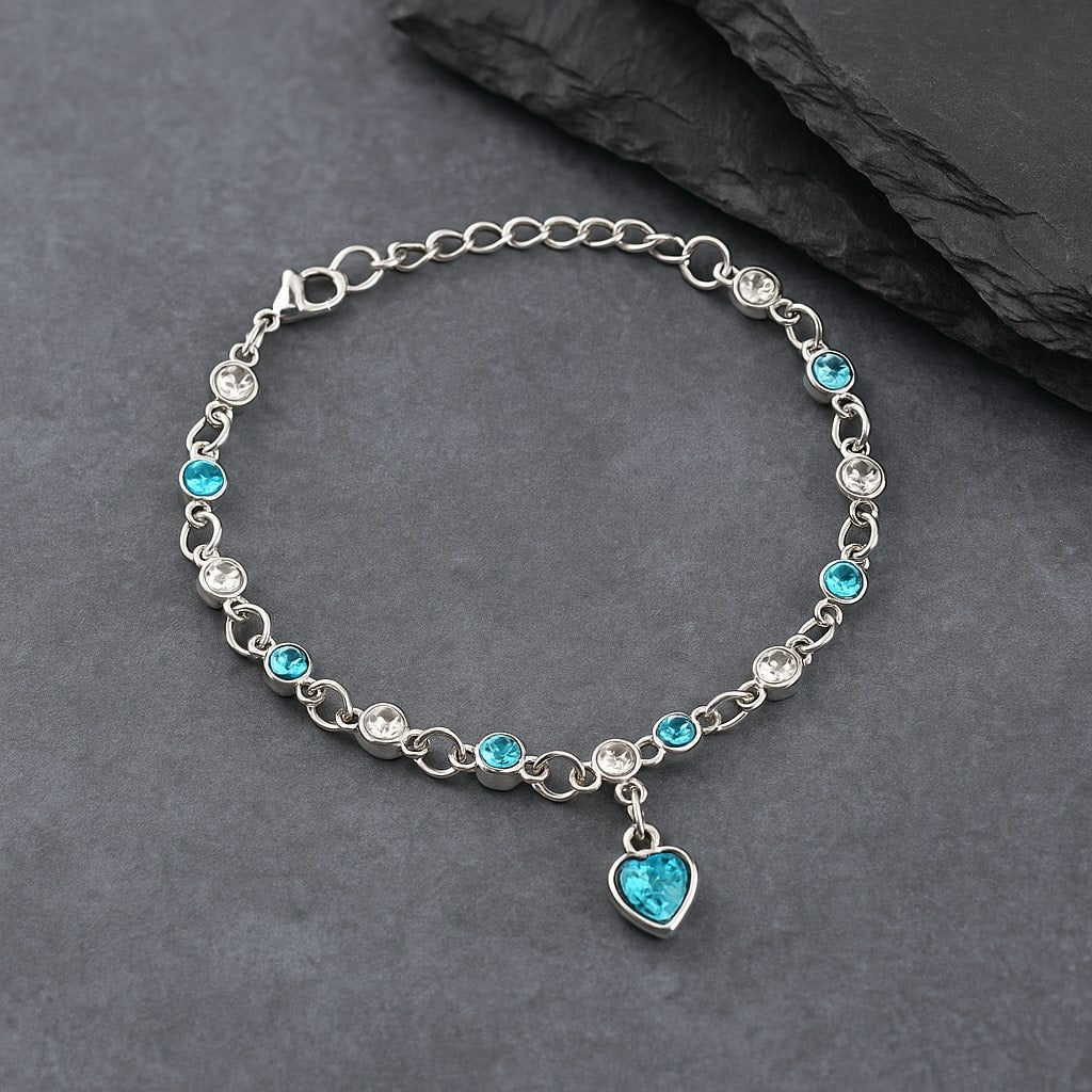 Silver-Plated Blue Crystal Heart Link Chain Bracelet for Women