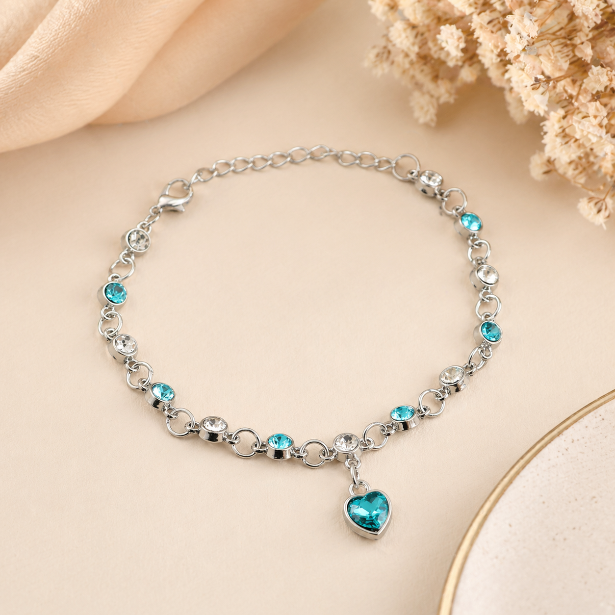Silver-Plated Blue Crystal Heart Link Chain Bracelet for Women