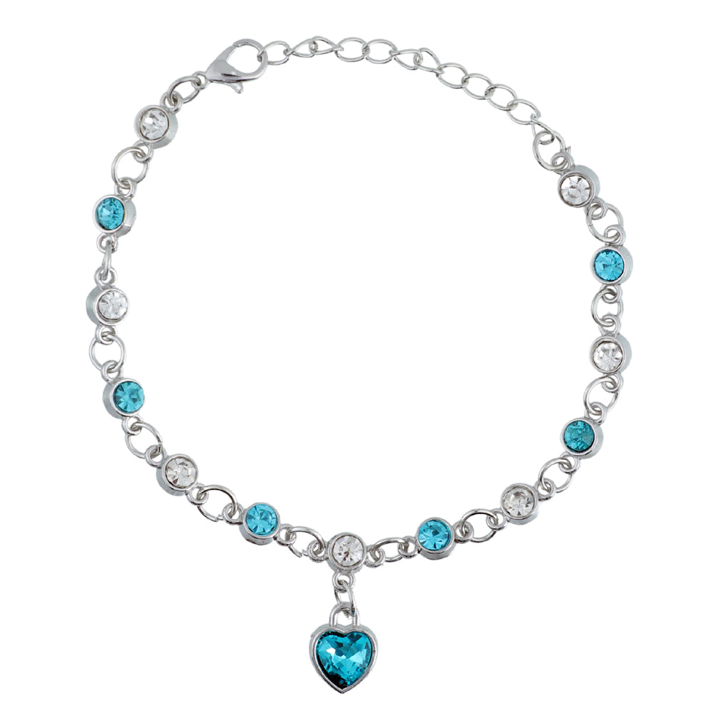Silver-Plated Blue Crystal Heart Link Chain Bracelet for Women