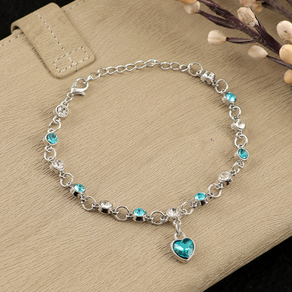 Silver-Plated Blue Crystal Heart Link Chain Bracelet for Women