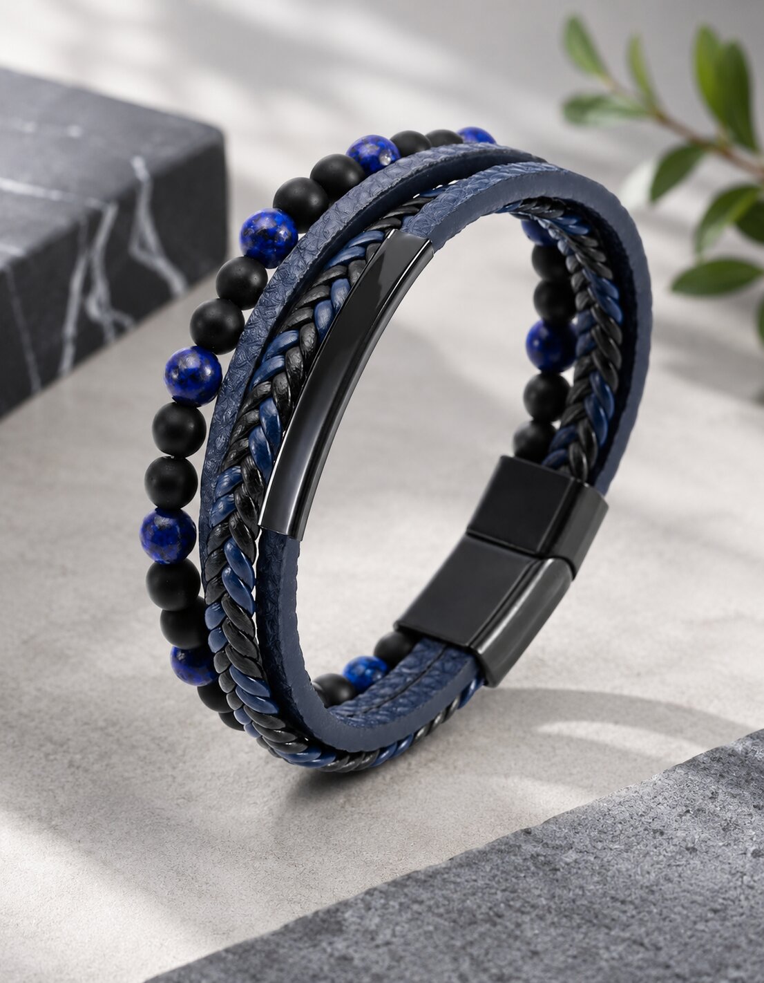Black-Blue Leather Bracelet for Men