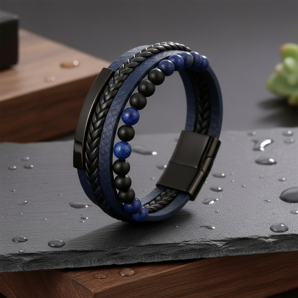 Black-Blue Leather Bracelet for Men