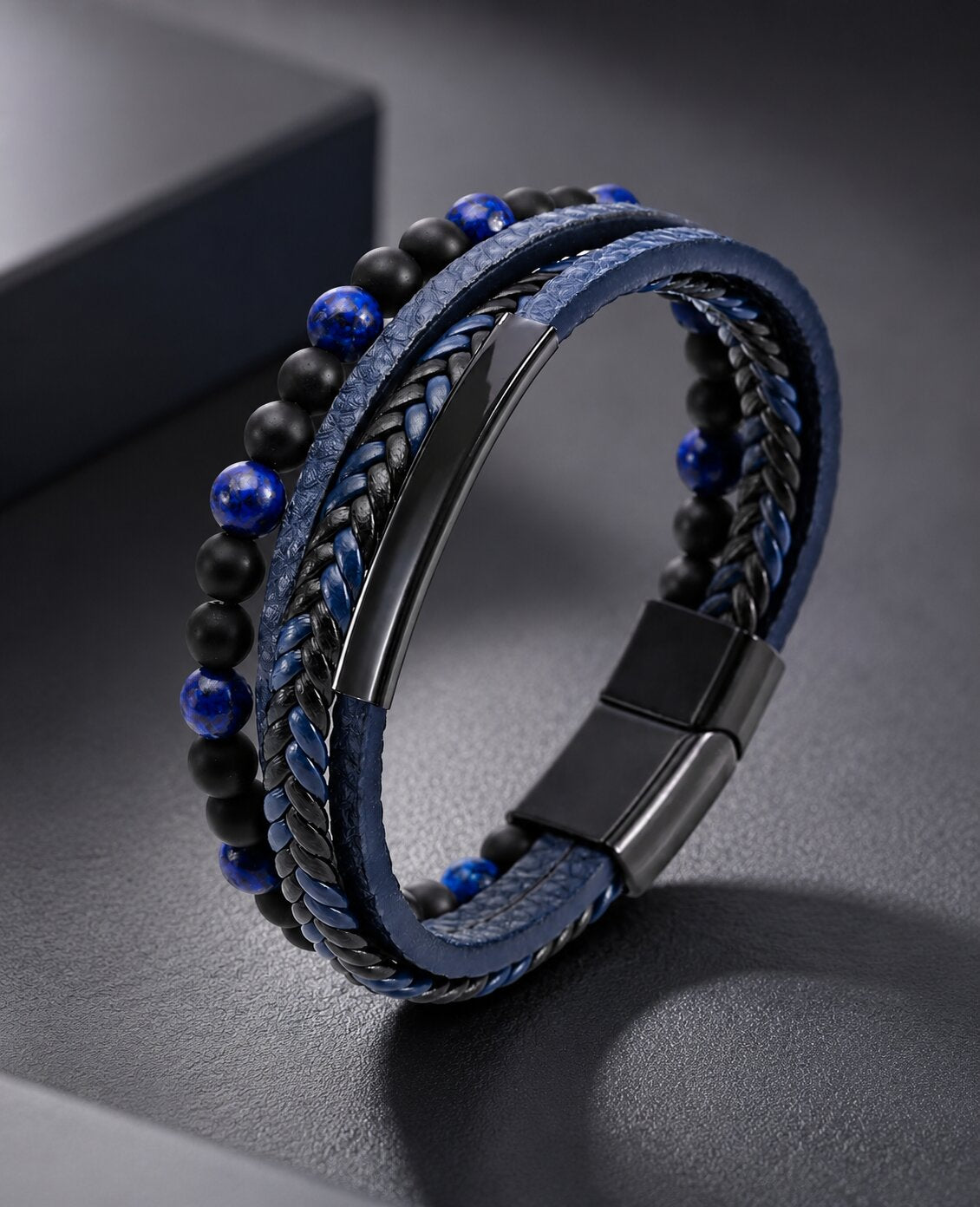 Black-Blue Leather Bracelet for Men