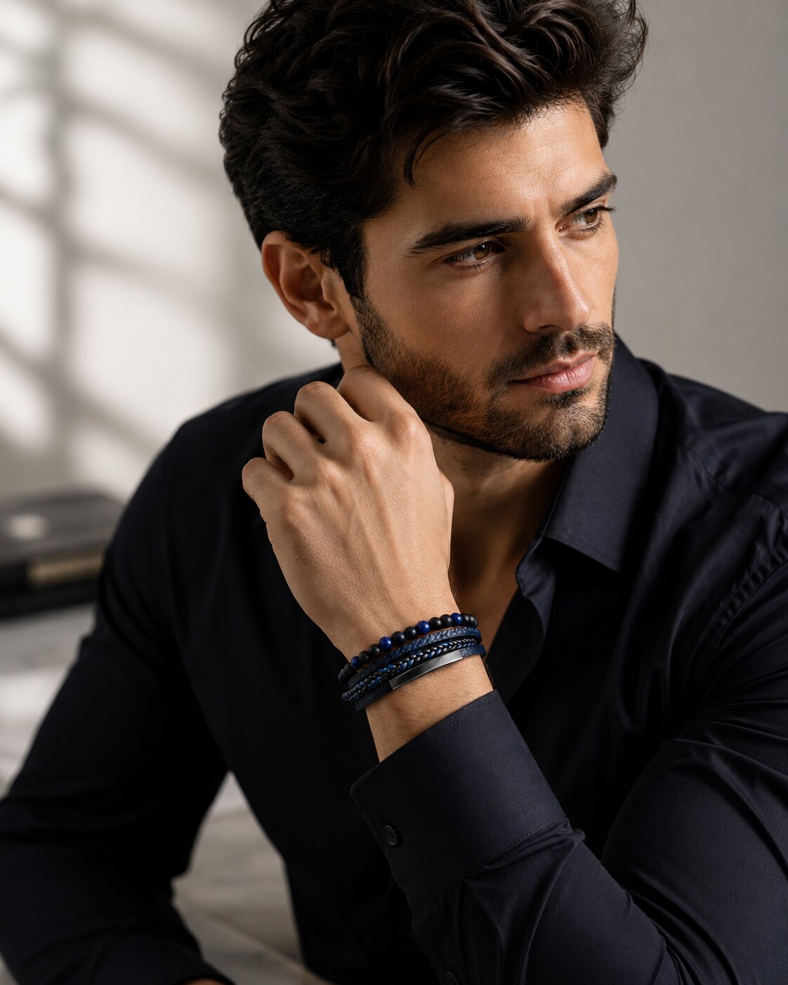 Black-Blue Leather Bracelet for Men