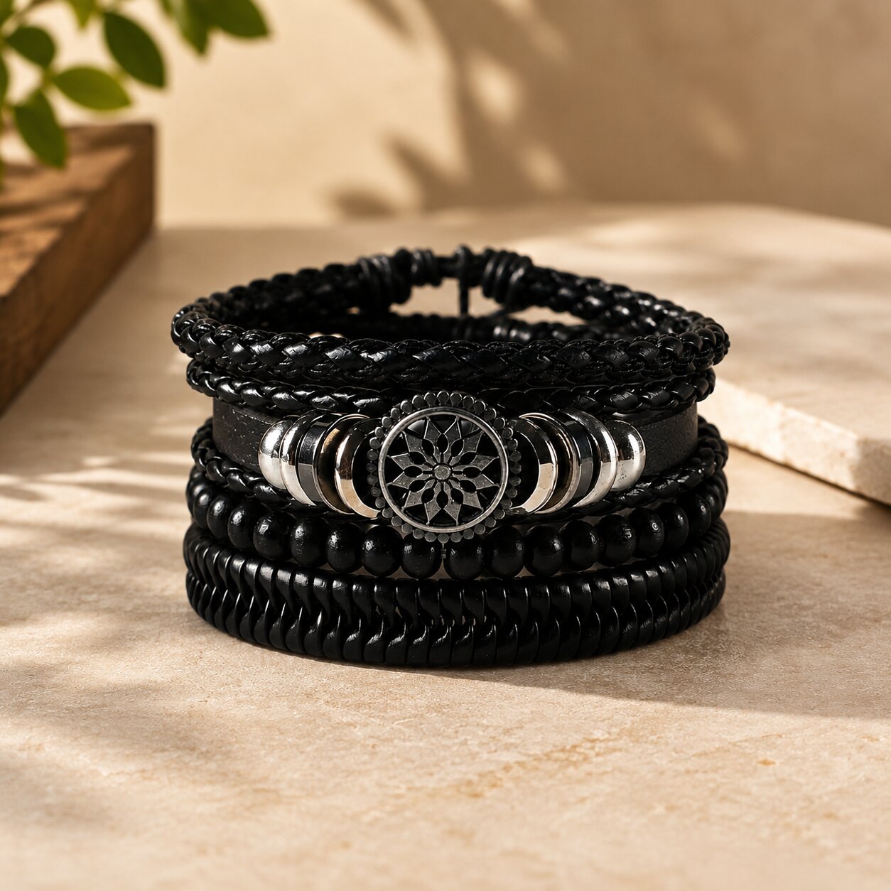 Black Beaded Multi Layer Laether Bracelet For Men pack of 4