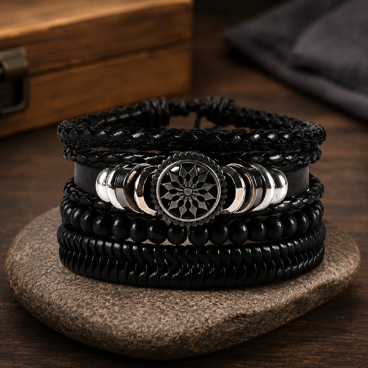 Black Beaded Multi Layer Laether Bracelet For Men pack of 4