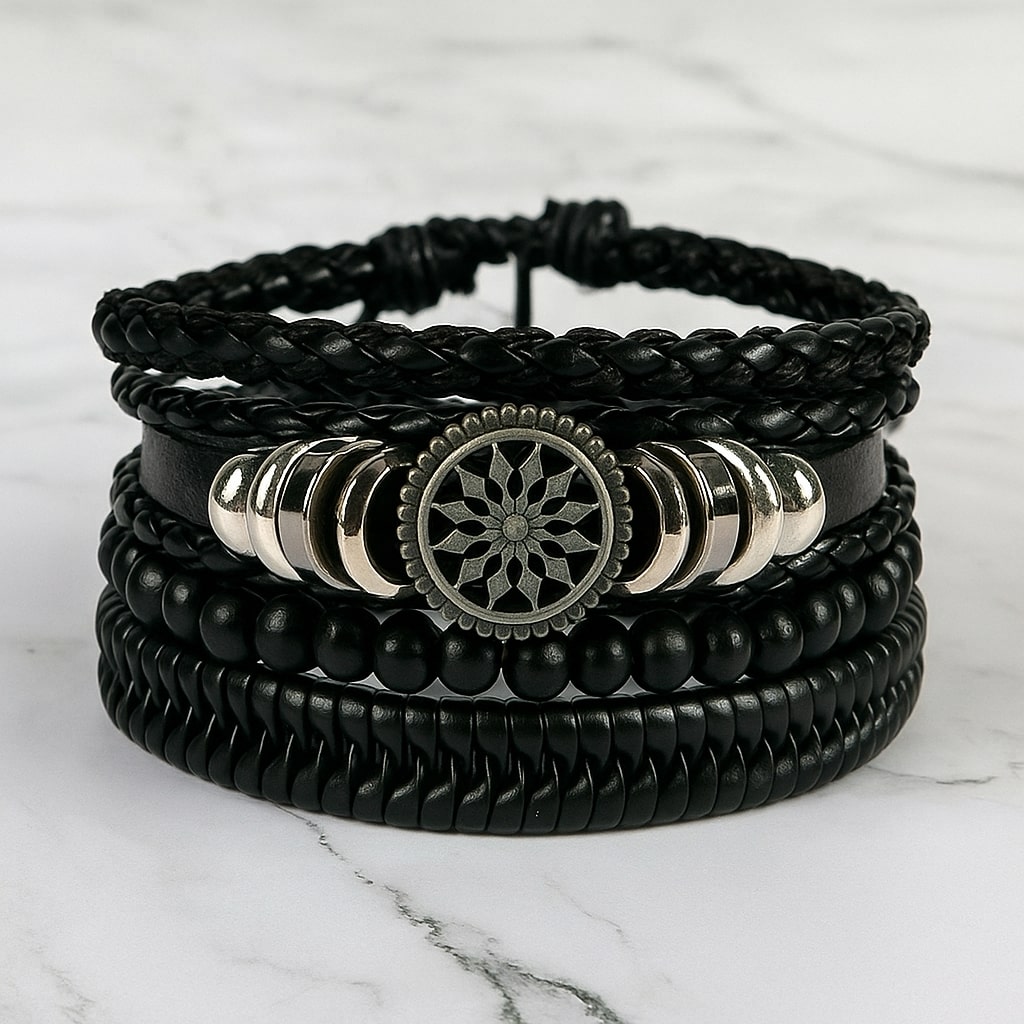 Black Beaded Multi Layer Laether Bracelet For Men pack of 4
