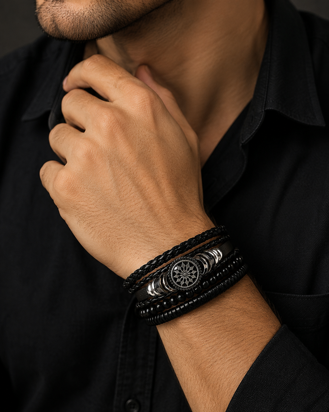 Black Beaded Multi Layer Laether Bracelet For Men pack of 4