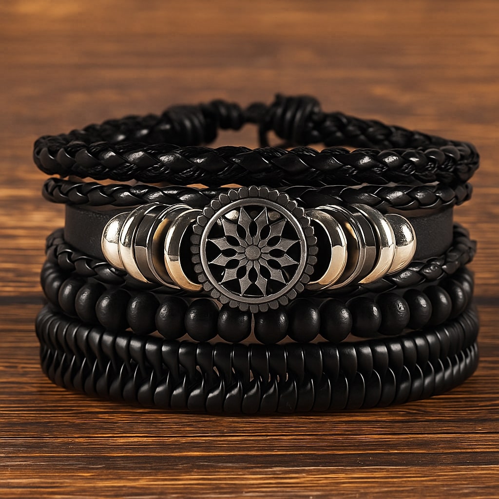 Black Beaded Multi Layer Laether Bracelet For Men pack of 4
