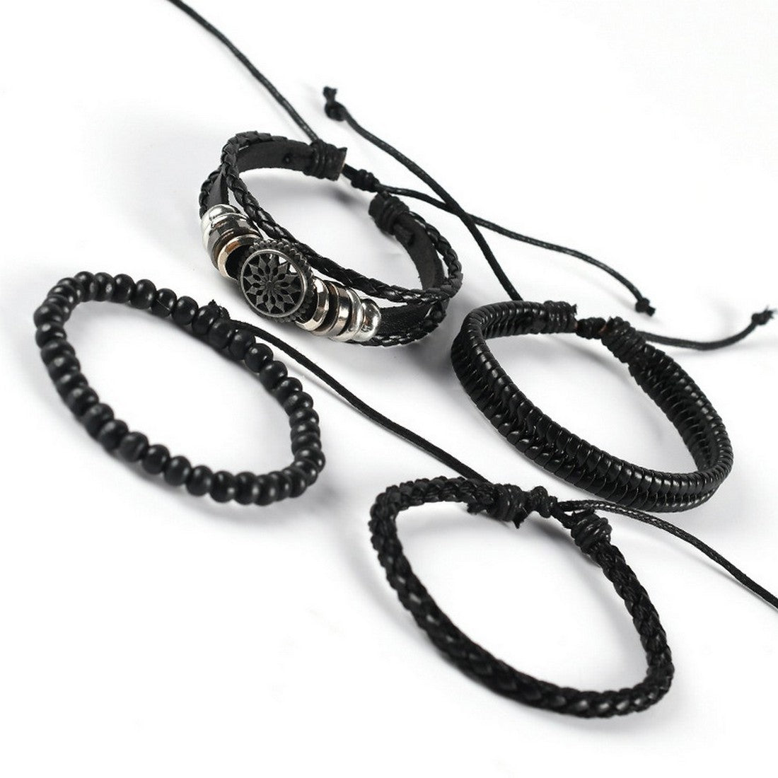 Black Beaded Multi Layer Laether Bracelet For Men pack of 4