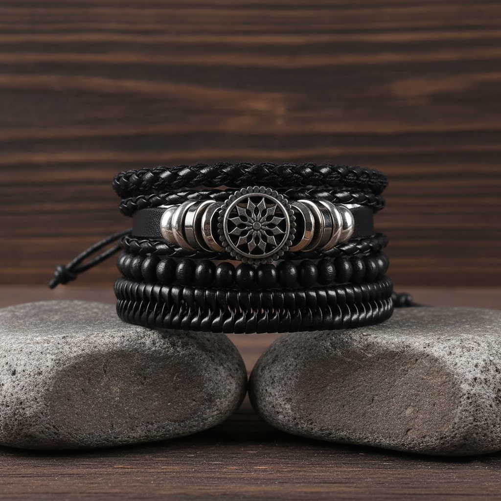 Black Beaded Multi Layer Laether Bracelet For Men pack of 4
