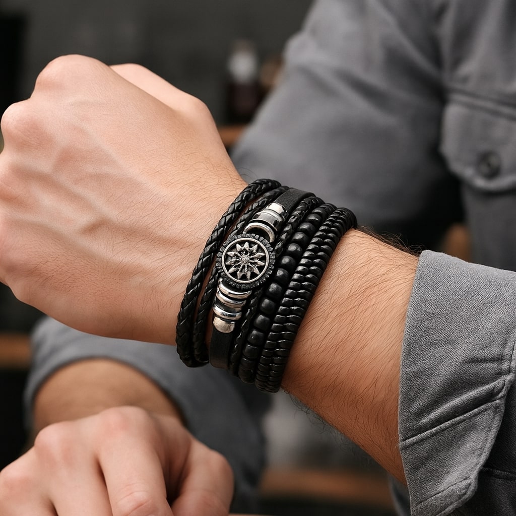 Black Beaded Multi Layer Laether Bracelet For Men pack of 4