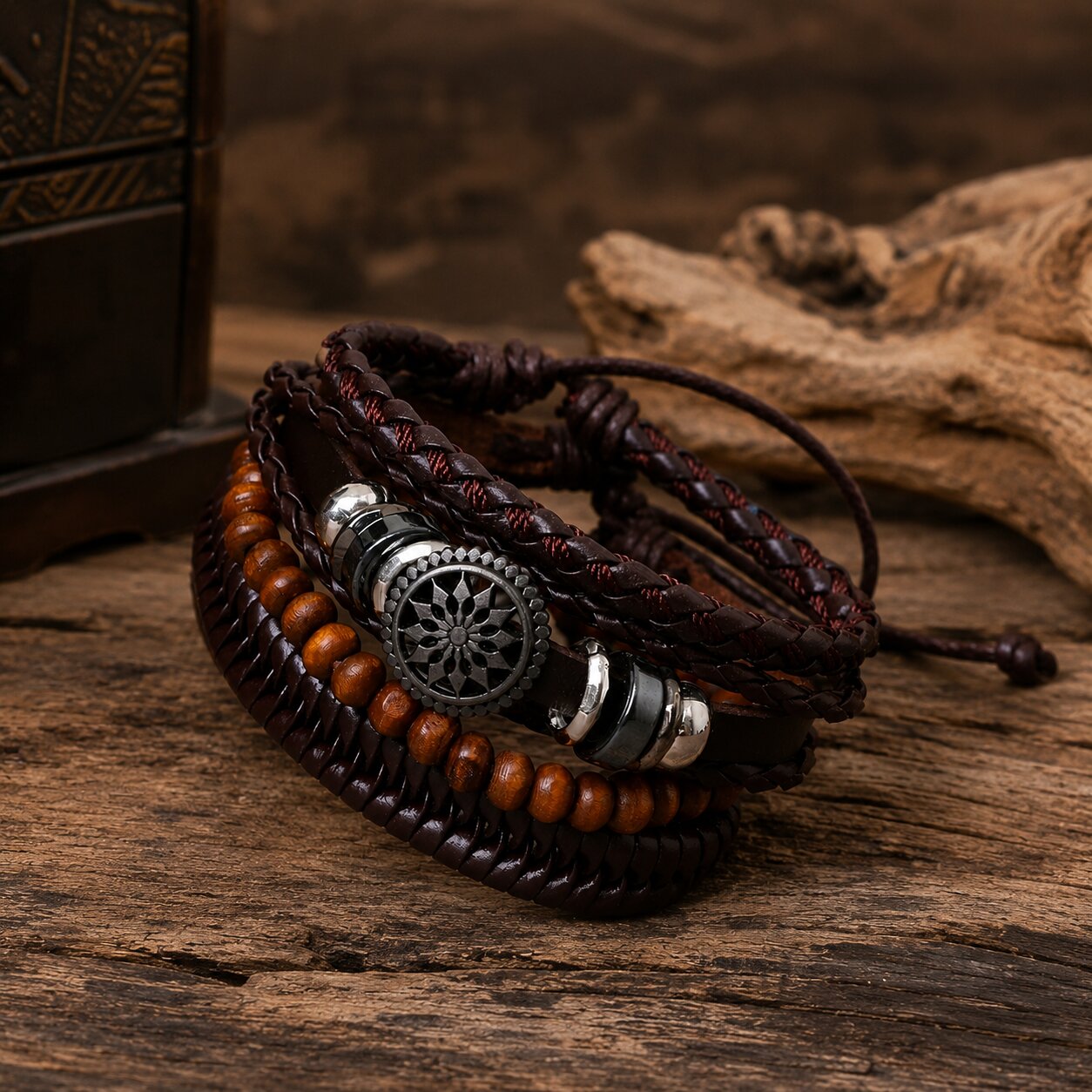 Brown Beaded Multi-Layer Leather Bracelet Combo for Men – Pack of 4