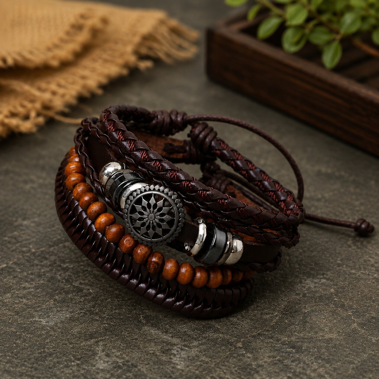 Brown Beaded Multi-Layer Leather Bracelet Combo for Men – Pack of 4
