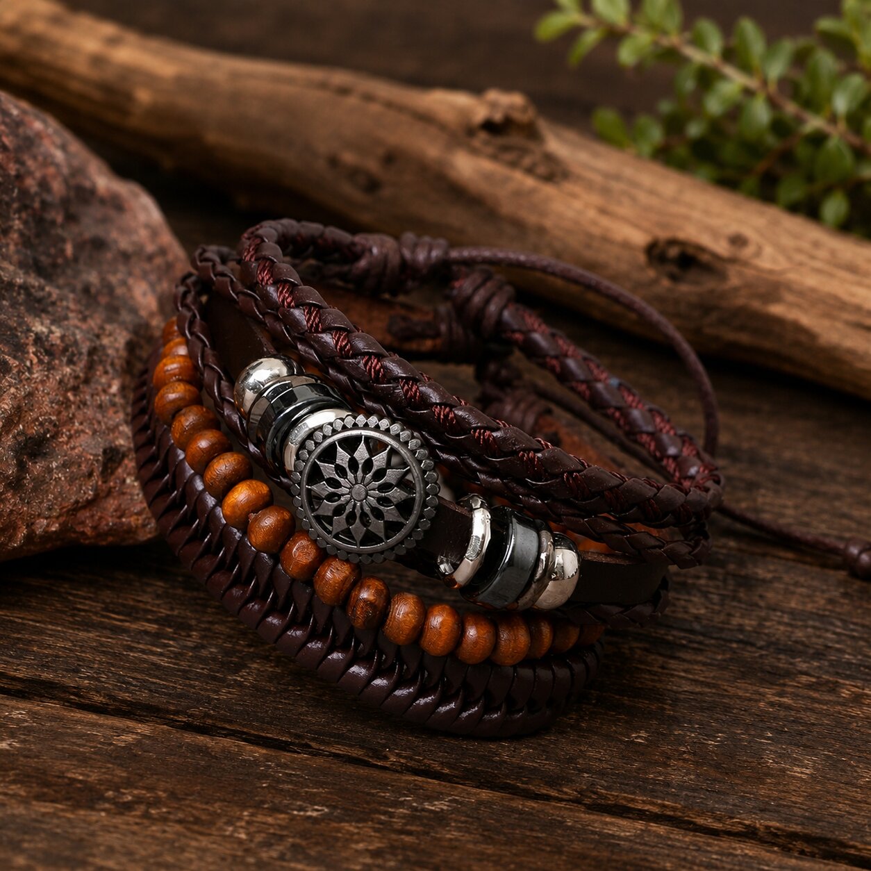 Brown Beaded Multi-Layer Leather Bracelet Combo for Men – Pack of 4