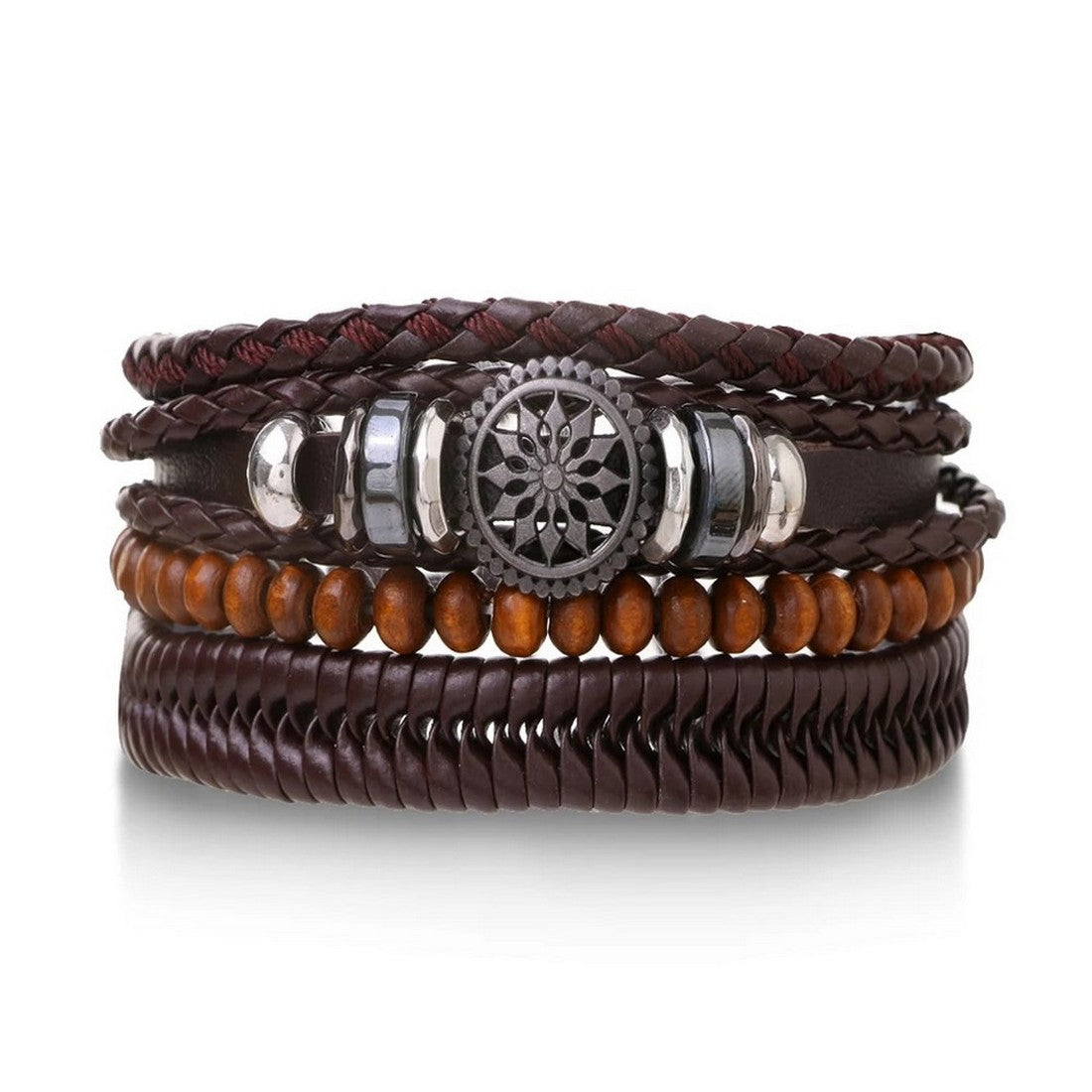 Brown Beaded Multi-Layer Leather Bracelet Combo for Men – Pack of 4