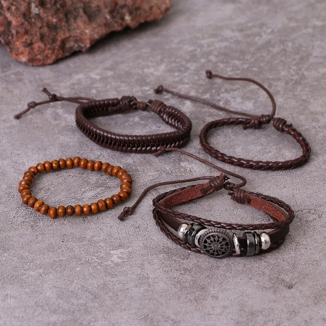 Brown Beaded Multi-Layer Leather Bracelet Combo for Men – Pack of 4