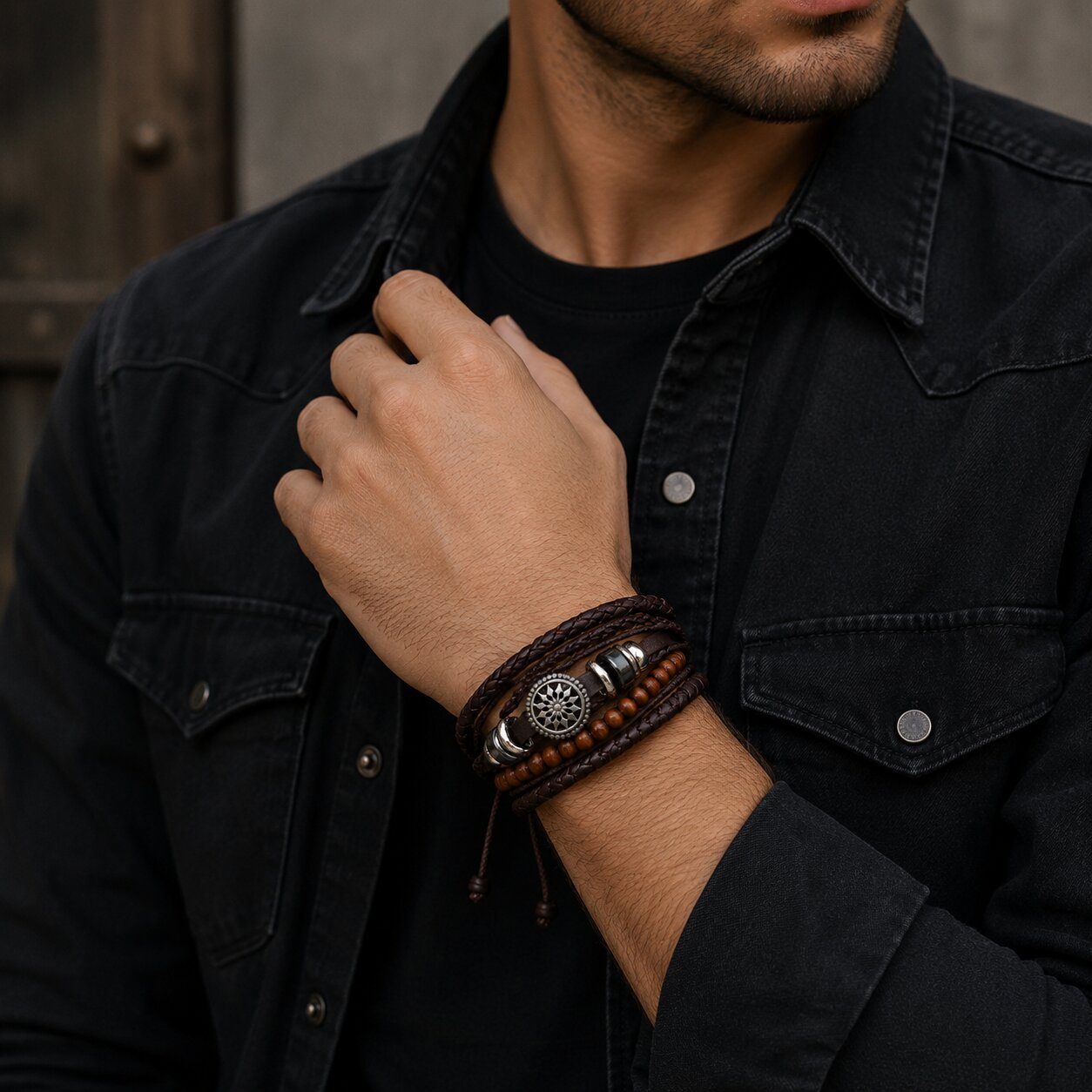 Brown Beaded Multi-Layer Leather Bracelet Combo for Men – Pack of 4