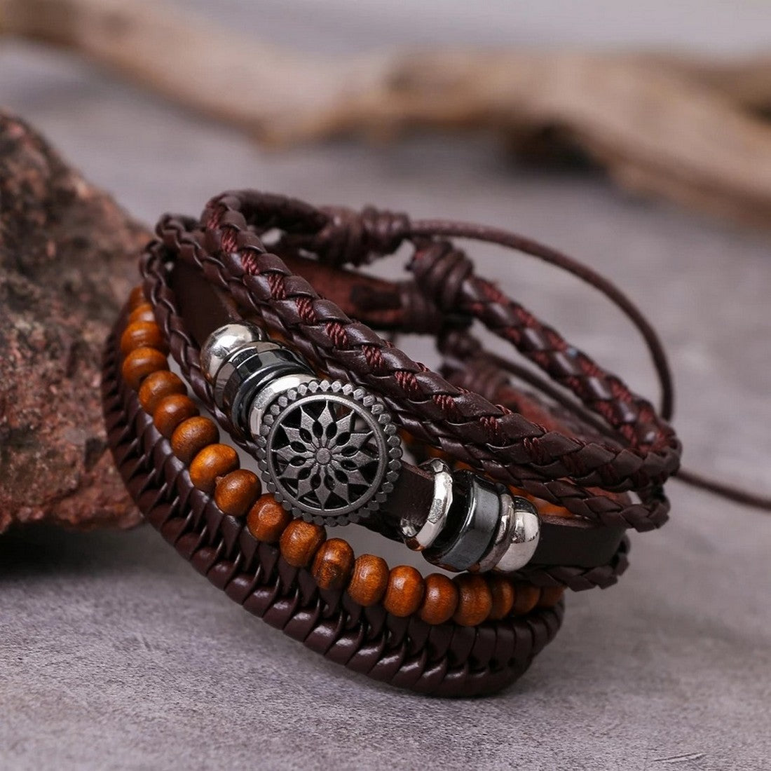 Brown Beaded Multi-Layer Leather Bracelet Combo for Men – Pack of 4