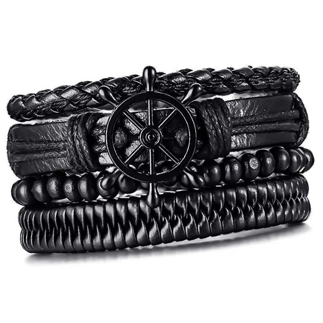 Black Beaded Multi-Layer Leather Bracelet Combo for Men – Pack of 4