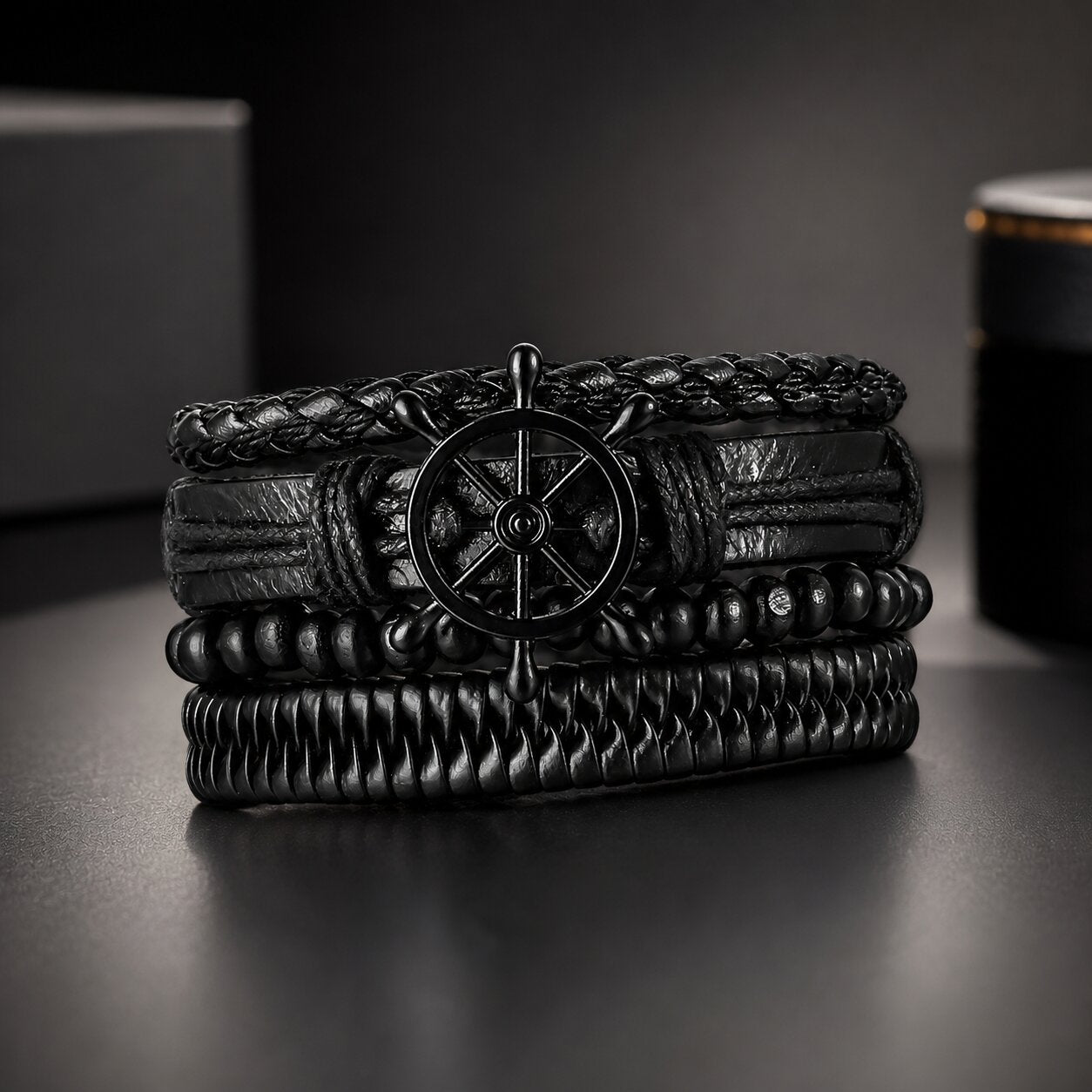 Black Beaded Multi-Layer Leather Bracelet Combo for Men – Pack of 4