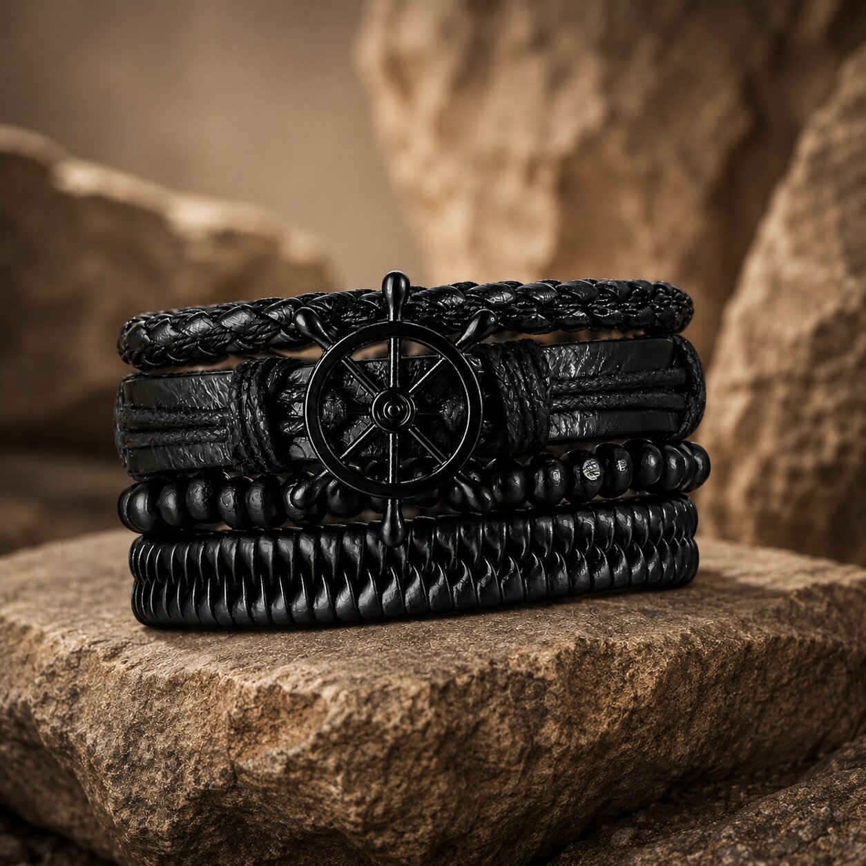 Black Beaded Multi-Layer Leather Bracelet Combo for Men – Pack of 4