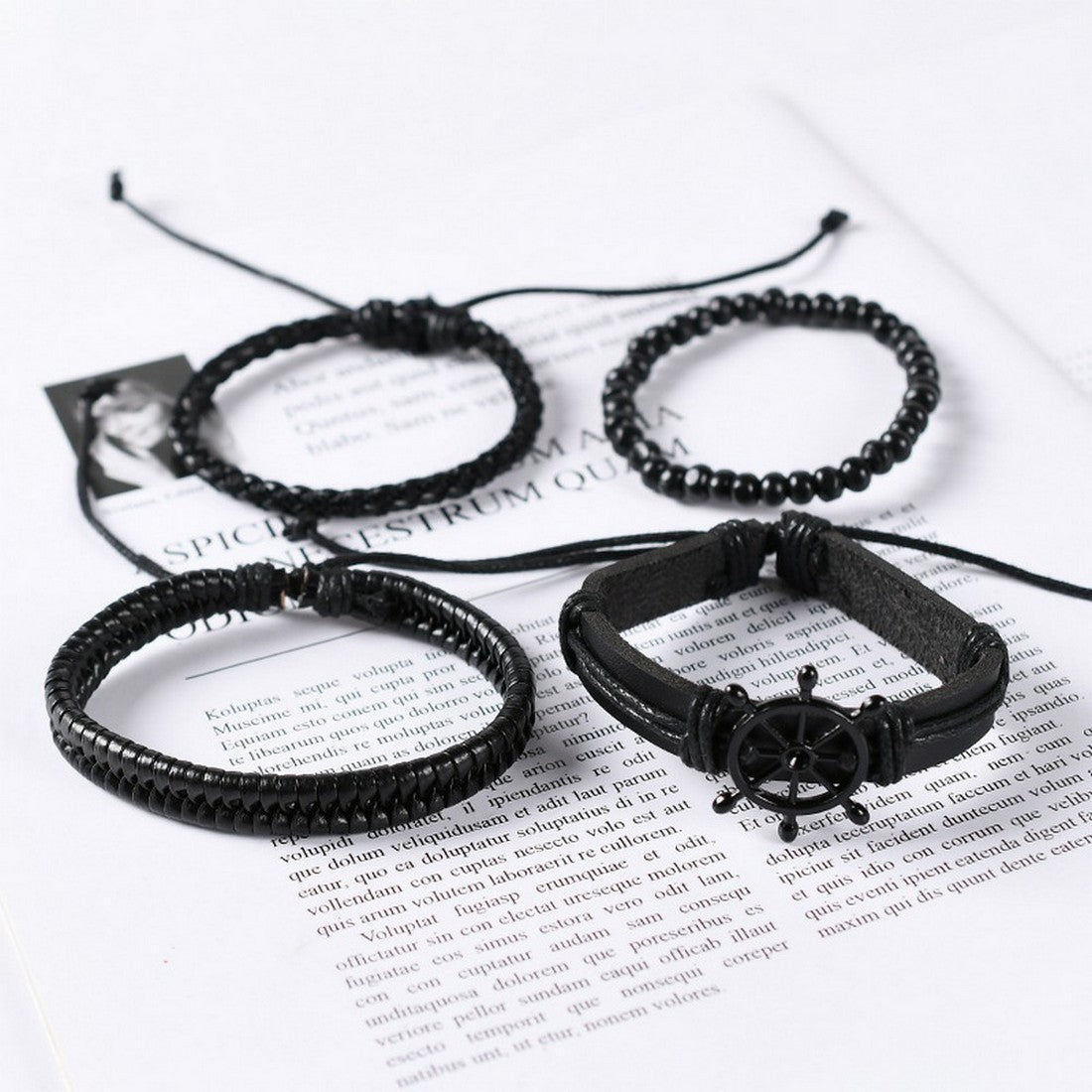 Black Beaded Multi-Layer Leather Bracelet Combo for Men – Pack of 4