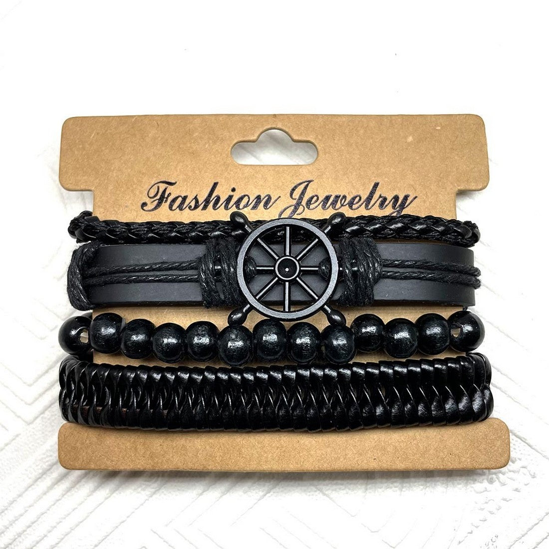 Black Beaded Multi-Layer Leather Bracelet Combo for Men – Pack of 4