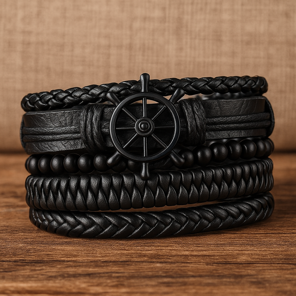 Black Beaded Multi-Layer Leather Bracelet Combo for Men – Pack of 4