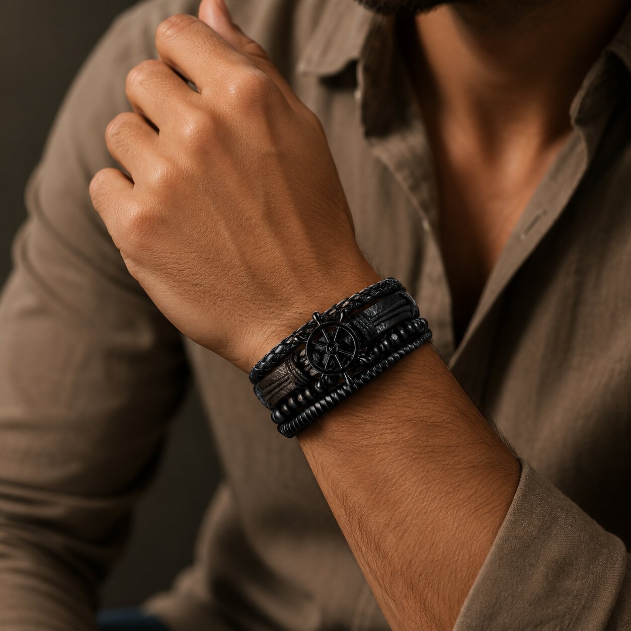 Black Beaded Multi-Layer Leather Bracelet Combo for Men – Pack of 4