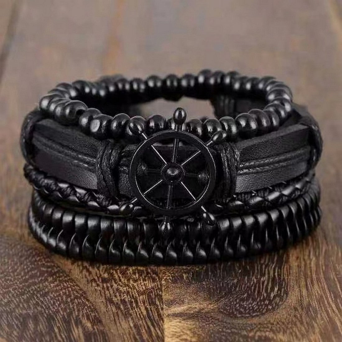 Black Beaded Multi-Layer Leather Bracelet Combo for Men – Pack of 4