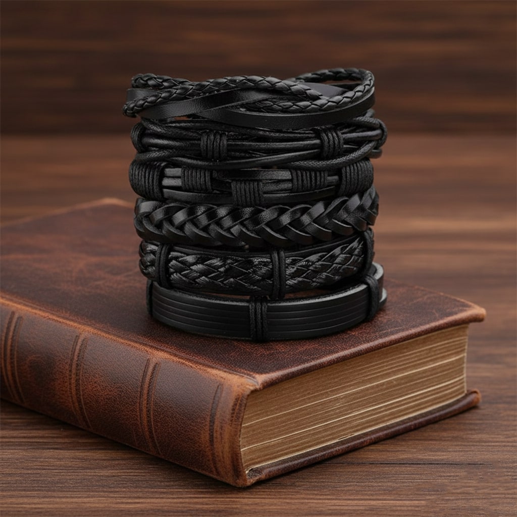 Black Braided Multi-Layer Leather Bracelet Combo for Men – Pack of 6