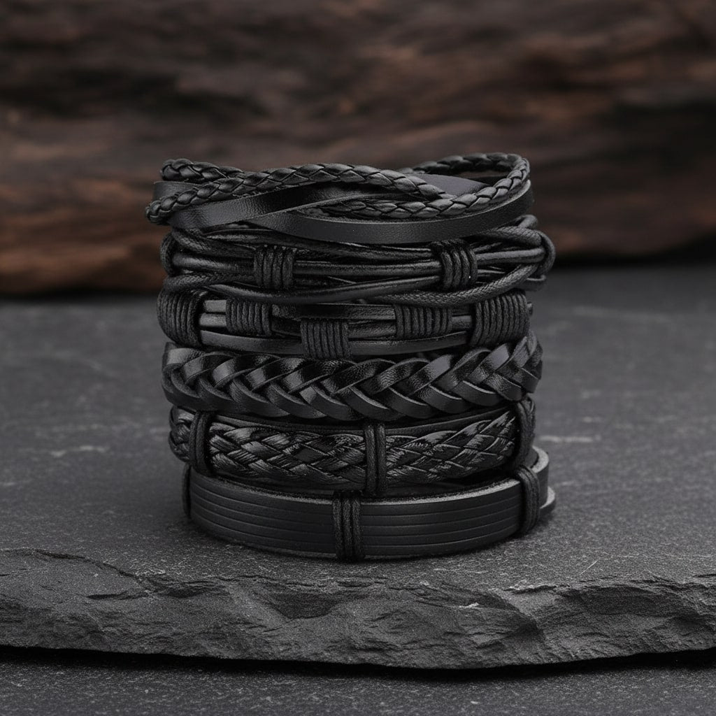 Black Braided Multi-Layer Leather Bracelet Combo for Men – Pack of 6