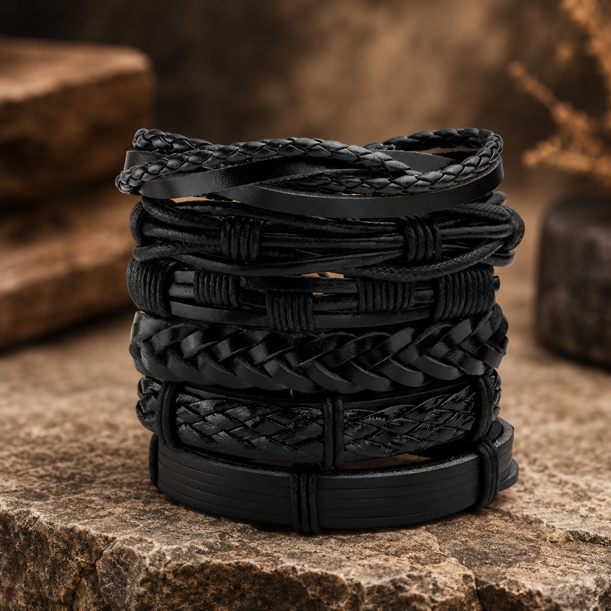 Black Braided Multi-Layer Leather Bracelet Combo for Men – Pack of 6