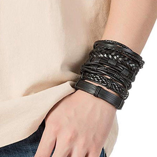 Black Braided Multi-Layer Leather Bracelet Combo for Men – Pack of 6