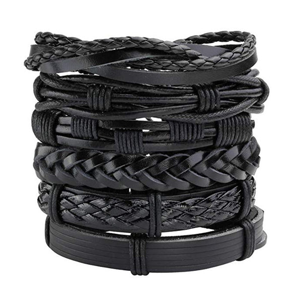Black Braided Multi-Layer Leather Bracelet Combo for Men – Pack of 6