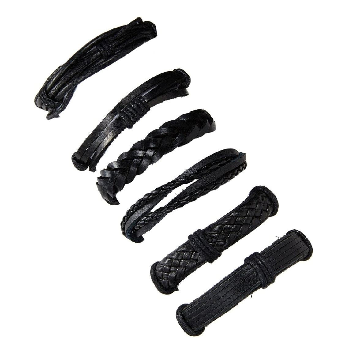Black Braided Multi-Layer Leather Bracelet Combo for Men – Pack of 6