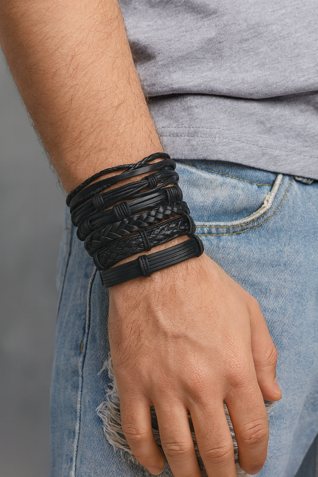 Black Braided Multi-Layer Leather Bracelet Combo for Men – Pack of 6