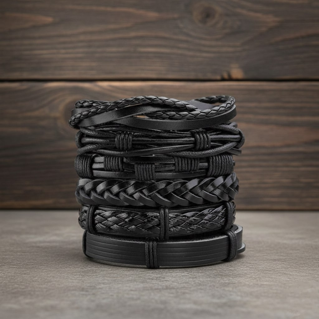 Black Braided Multi-Layer Leather Bracelet Combo for Men – Pack of 6